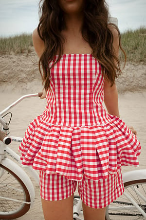 Red Check Balloon Detail Bandeau Top