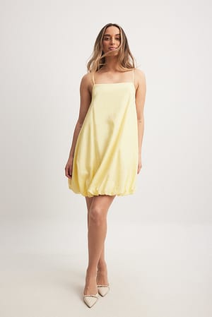 Yellow Minivestido de mezlca de lino con falda abullonada