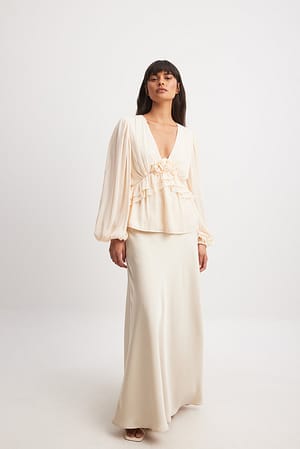 Off White Balloon Sleeve Frill Detail Blouse