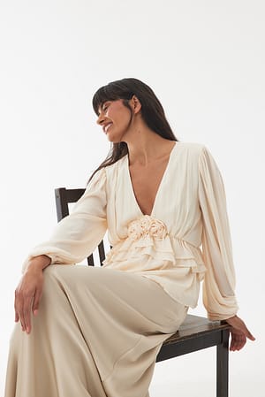 Off White Balloon Sleeve Frill Detail Blouse