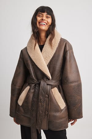 Dark Brown Belted Detail Shearling Jacket