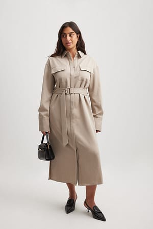 Taupe Belted Midi Shirt Dress
