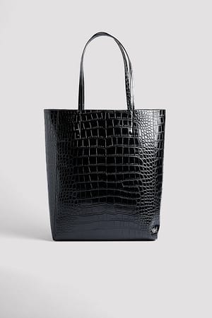 Black Croco Stor shoppingtaske med krokodillemønster