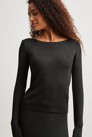 Black Boat Neck Knitted Metallic Sweater