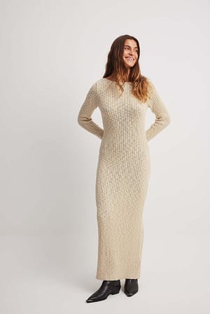 Grey Beige Boat Neck Maxi Knitted Dress