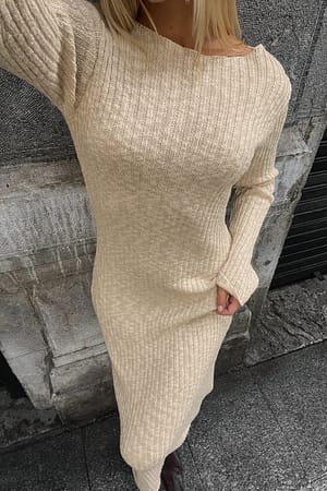 Grey Beige Boat Neck Maxi Knitted Dress