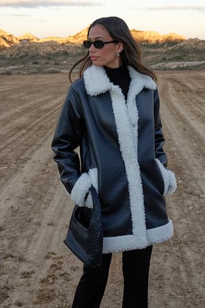 Black Bonded PU Fur Detail Coat