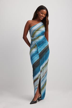 Watercolor Print Buckle Detailed Maxi Dress