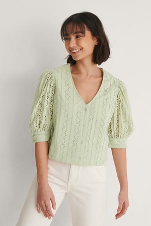 Green Crochet Puff Sleeve Shirt