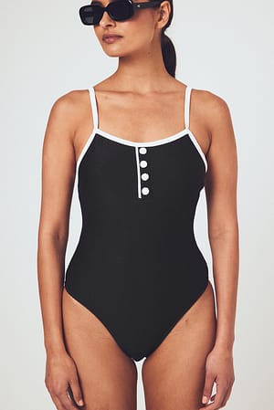 Black/White Button Detail Contrast Swimsuit