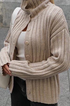 Grey Beige Button Detail Ribbed Knitted Sweater