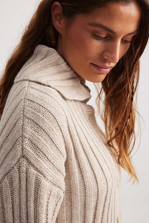 Grey Beige Button Detail Ribbed Knitted Sweater