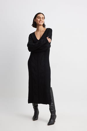 Black Cable Knit Midi Dress