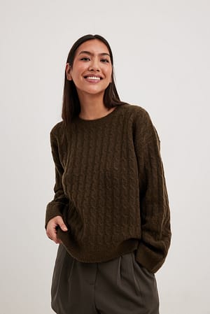 Dark Brown Cable Knitted Wool Blend Sweater