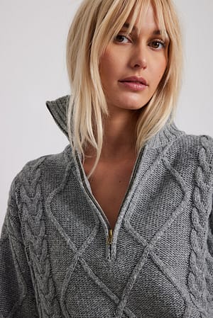 Grey Cable Knitted Zip Detail Sweater