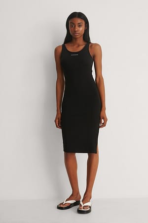 Micro Branding Strappy Rib Dress Black | NA-KD
