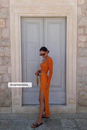 Orange Ribgebreide rok met hoge split