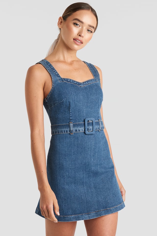 Belted Mini Denim Dress Blue