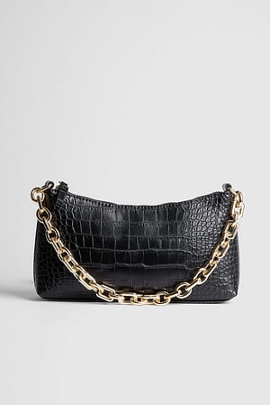 Black Baguette-taske med kæde og krokodillemønster