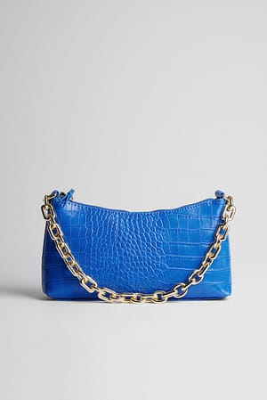 Cobalt Blue Baguette-väska med kedja och krokodilmönster