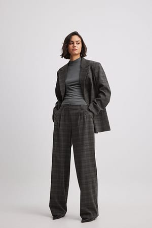 Grey Check Pantalón de traje de cuadros y talle medio con pliegues