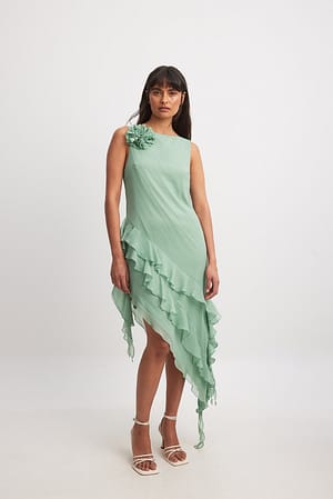 Green Chiffon Ruffle Detail Asymmetric Midi Dress