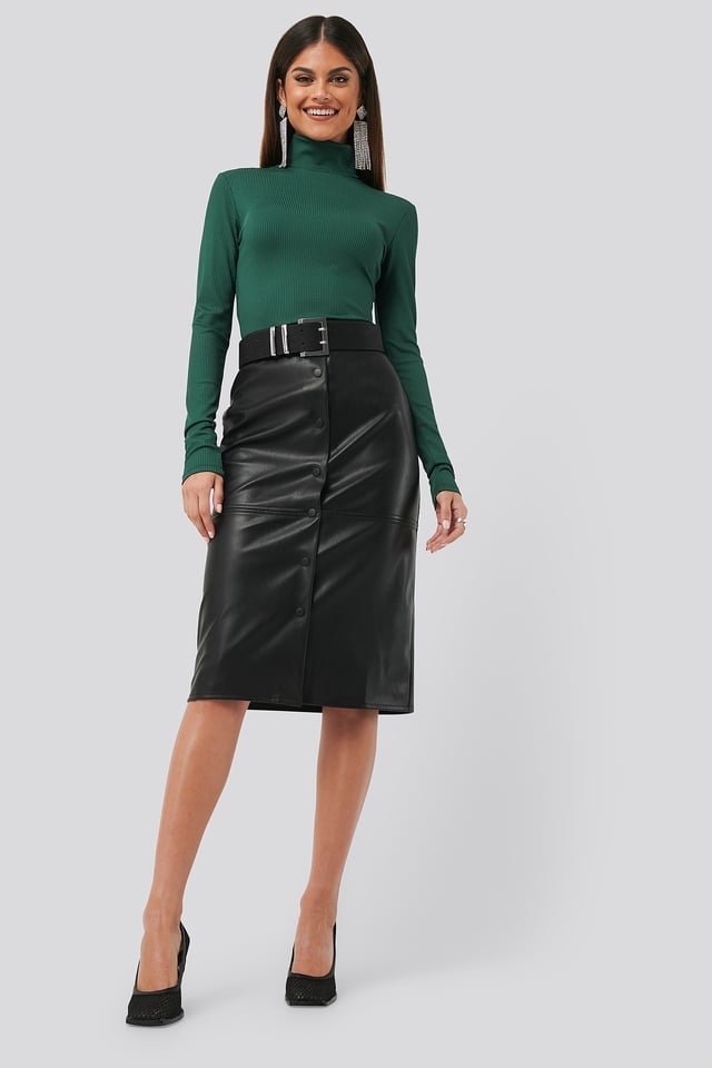 PU Button Midi Skirt Black
