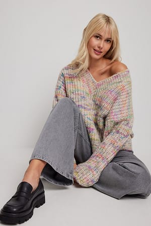 Multicolor Kraftig strikket sweater med v-hals