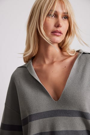 Grey Collar Detail Striped Sweater