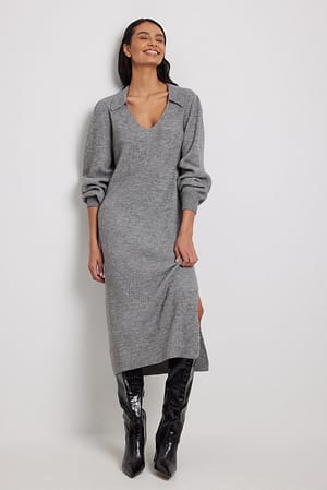 Grey Melange Lång stickad klänning med krage