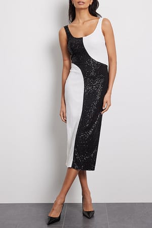 Black/White Color Block Sequin Mini Dress