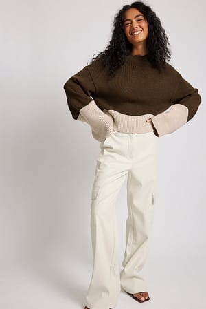 Brown/Beige Color Block Slit Detail Knitted Sweater