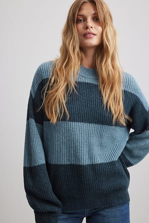 Blue Comb Colour Striped Knitted Sweater