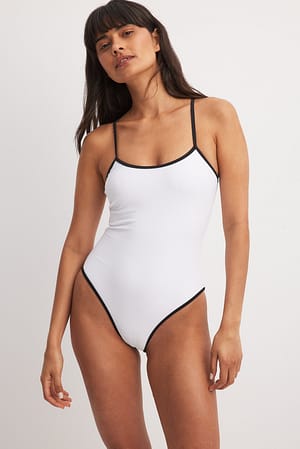 White/Black Contrast Binding Detail Swimsuit