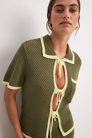 Dusty Olive Contrast Detail Crochet Knitted Shirt