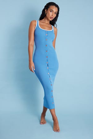 Blue Contrast Detail Long Knitted Dress