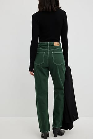 Green Contrast Seam Straight Jeans