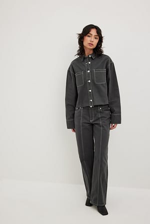 Dark Grey Contrast Stitching Denim Jacket