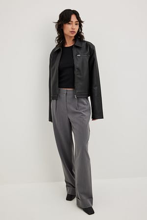 Contrast Stitching PU Jacket Outfit