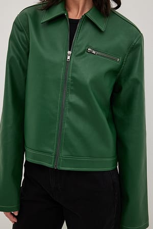 Green Contrast Stitching PU Jacket