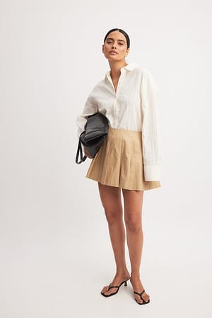 Beige Cotton Pleated Mini Skirt