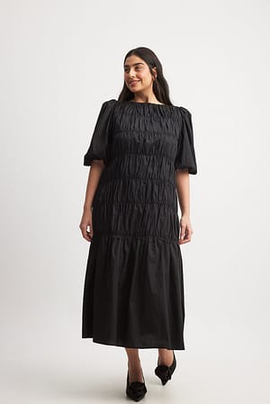 Black Cotton Puff Sleeve Smock Detail Maxi Dress