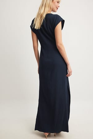 Navy Maxi-jurk met hoge split van gekreukte kwaliteit