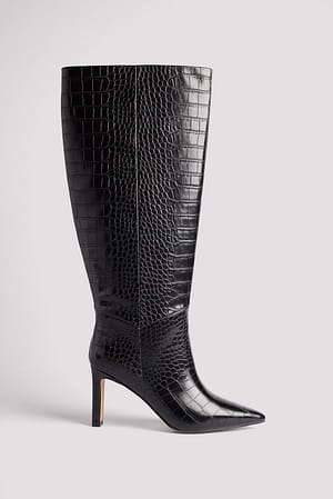 Black Croc Pointy Toe Boots