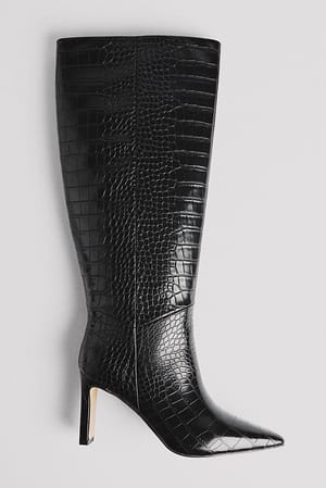 Black Støvler med krokodillemønster og spiss tå