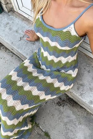 Multicolor Crochet Knitted Detail Midi Dress