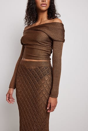 Brown Crochet Knitted Fringe Detail Midi Skirt