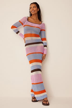 Multi Stripe Crochet Knitted Long Dress