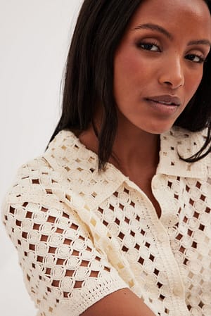 Offwhite Crochet Knitted Short Sleeved Shirt