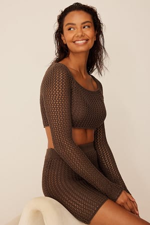 Brown Crochet Knitted Square Neckline Top